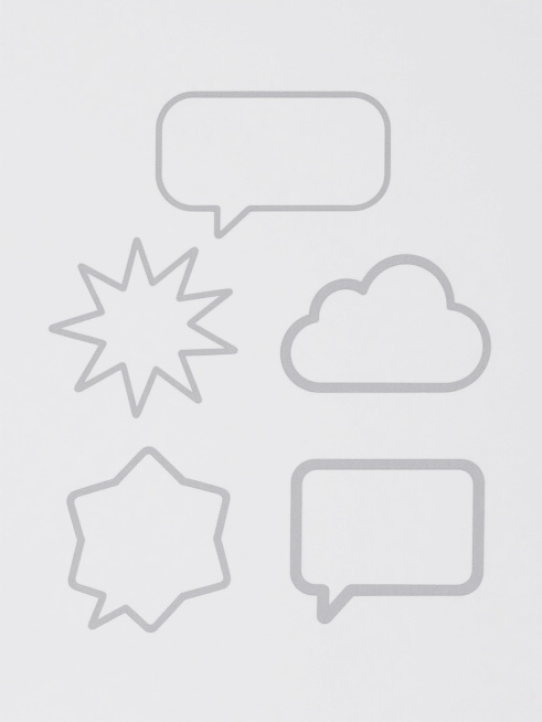 极简风格的白色背景上，五个不同形状的对话框轮廓以轻盈的灰色线条绘制，包括顶部居中的圆角矩形对话框、中间左侧的星形爆炸对话框、中间右侧的云朵形对话框、底部左侧的不规则多边形对话框以及底部右侧的直角矩形对话框，所有对话框均无内部填充和文字，保持简洁的线条感和留白设计，整体呈现出干净、现代的设计感。预览效果