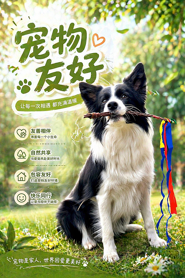 基于图中的边牧犬，生成一张宠物友好主题的海报，整体风格温馨清新，保留狗狗可爱的形象，添加主题文字"宠物友好"，背景为自然户外绿色场景，排版美观适合海报展示