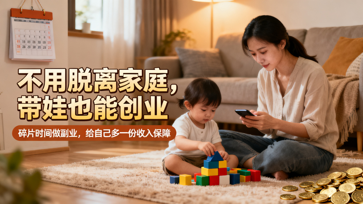 宝妈副业海报，主标题：不用脱离家庭，带娃也能创业。副标题：碎片时间做副业，给自己多一份收入保障。温馨居家背景，年轻宝妈陪伴孩子旁操作手机，搭配日历和金币元素，主副标题分明，暖光柔和色调。预览效果