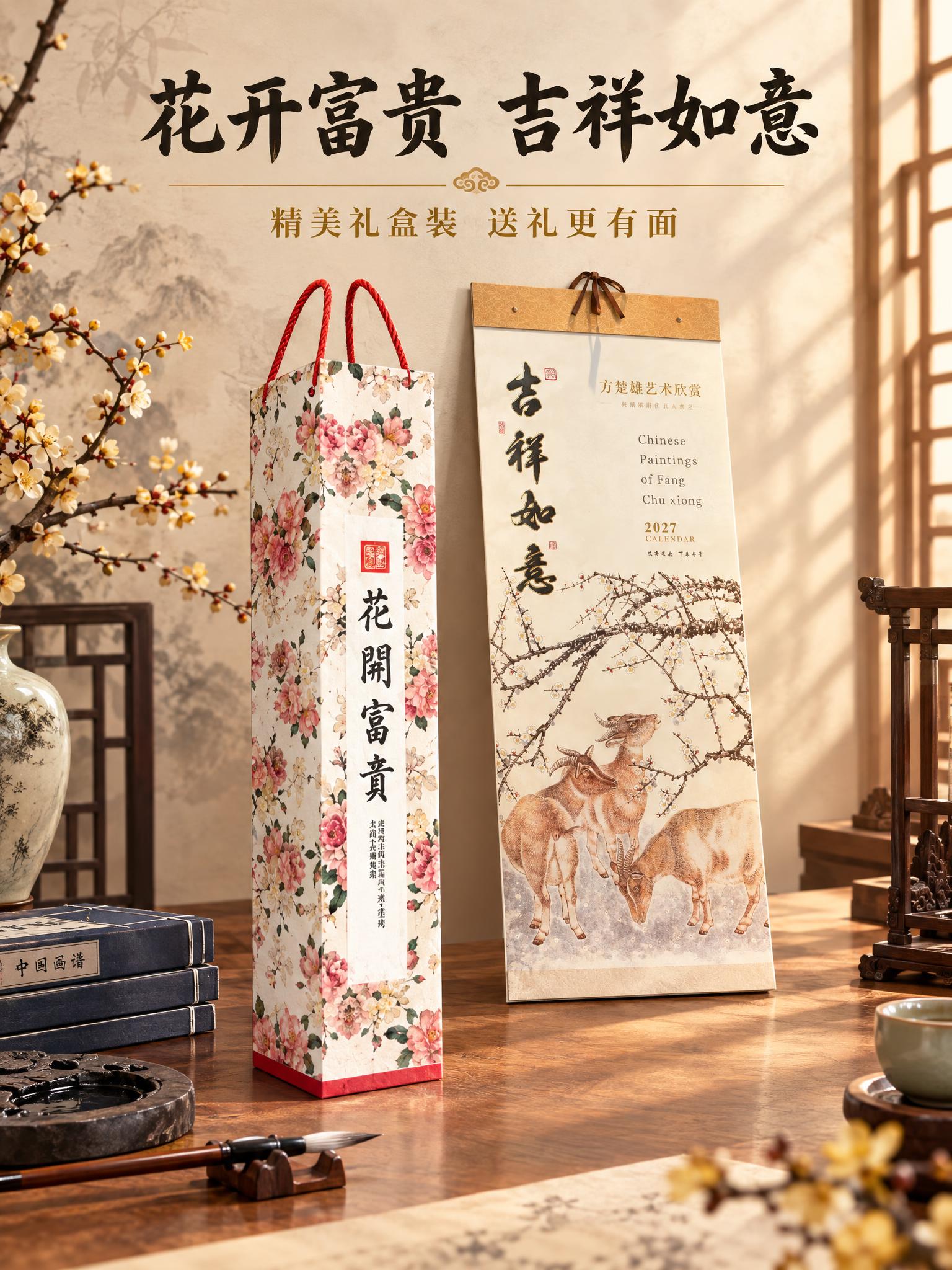 将花开富贵礼盒与吉祥如意国画款特种纸仿宣长条挂历搭配展示，呈现… - 图片创意预览