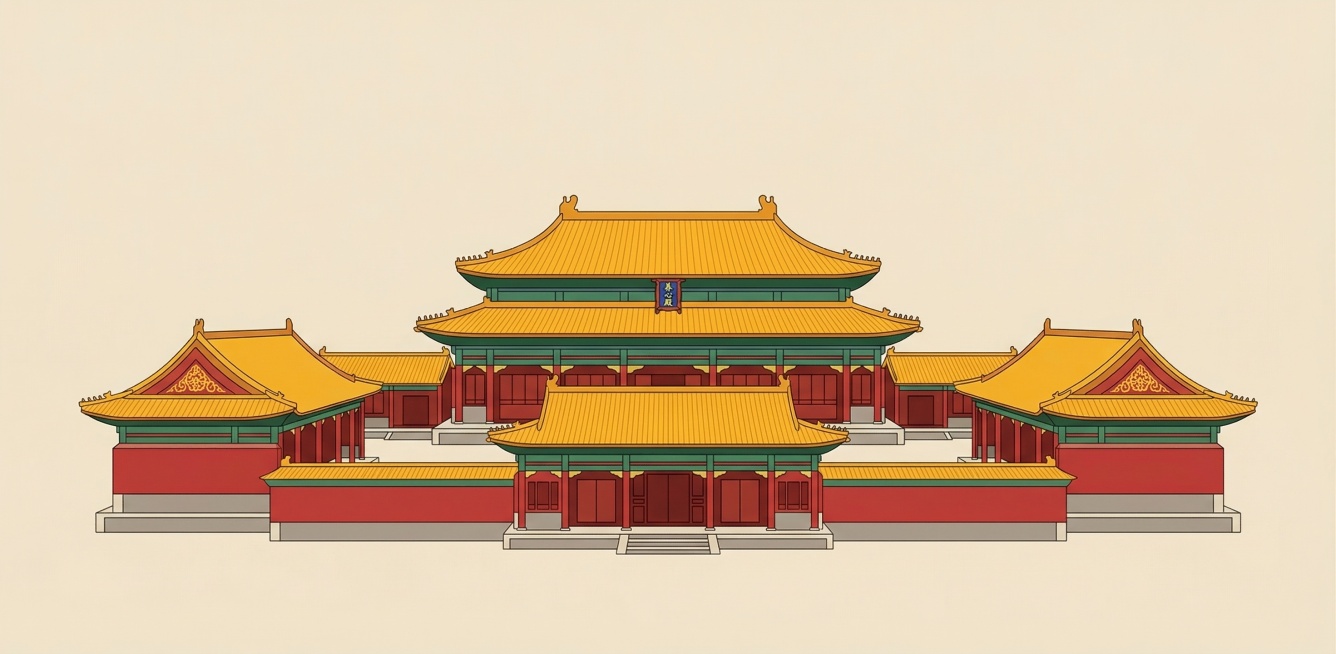 故宫养心殿，严格保持养心殿真实建筑形态，参考图提供的国潮扁平插画风格，浅米黄底色，红墙黄瓦，干净简约单建筑居中构图预览效果