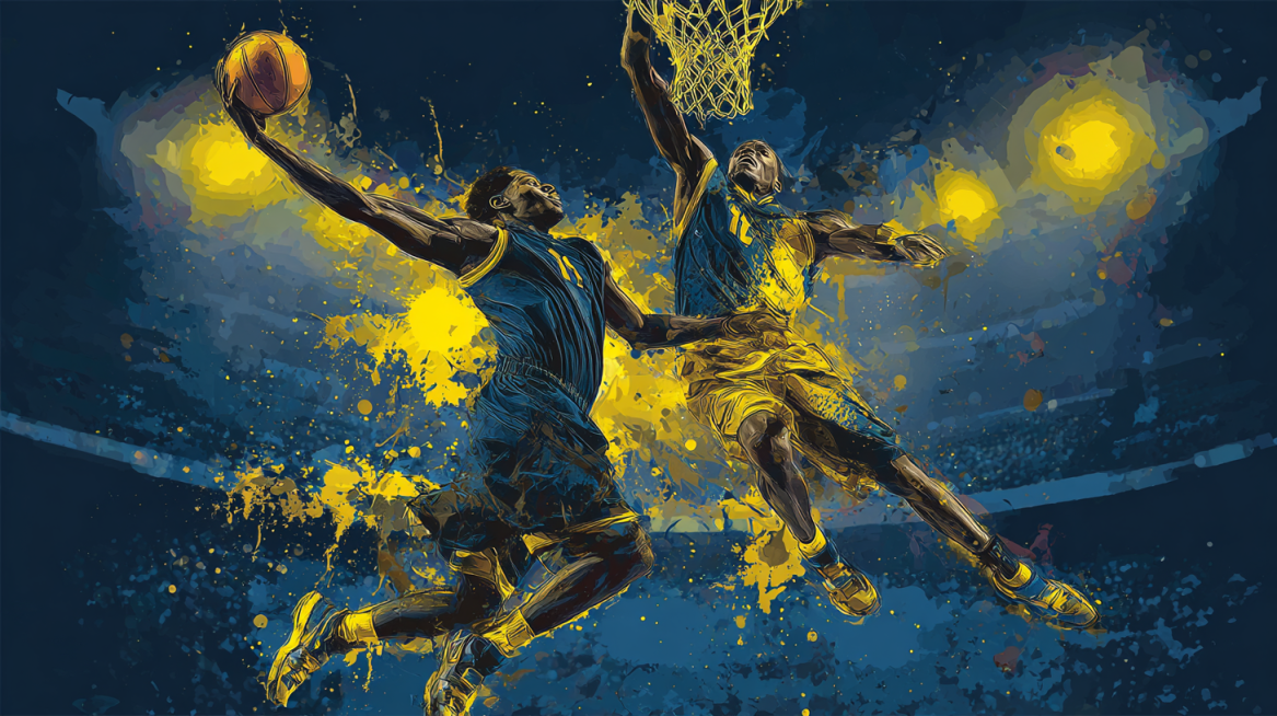 A wide horizontal basketball poster, dynamic action shot. Two powerful basketball players colliding预览效果