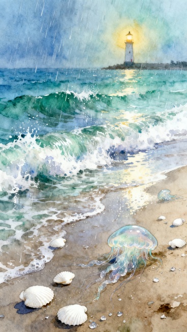 暴雨刚歇的海边，浪花裹着细碎天光，沙滩上散落贝壳与透明水母，远处灯塔散发暖黄光晕，以梦幻水彩风格，捕捉海盐味的清新夏色。预览效果