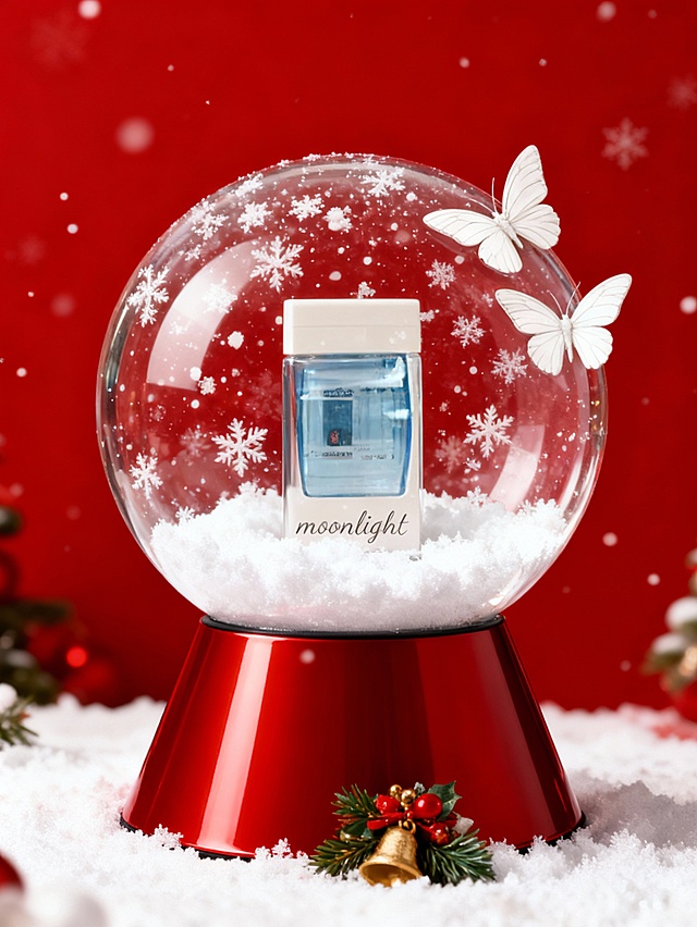 将产品放置于巨大的水晶球中置于中央，突出产品主体，球内有白色雪花飘落，底部积雪，底座为亮红色圆锥形，前面放置圣诞装饰，背景为圣诞风红色。