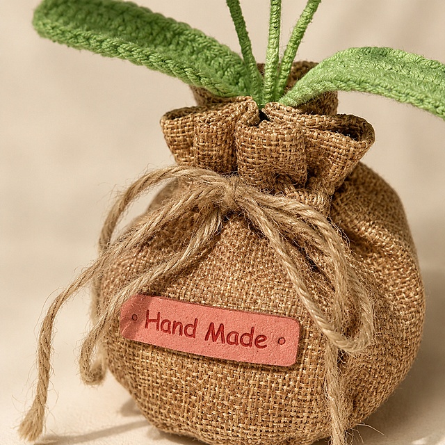 [主图-7] Close-up of the hemp drawstring bag label detail of handmade crochet tulip. Focus on the "Hand Made" leather label and the hemp rope texture, highlight the retro handmade craftsmanship. Light beige low saturation background, keep product color and texture consistent with original. 1:1 square, 2K ultra HD. Negative prompt: deformation, text disorder, product blur, messy background, watermark, e-commerce platform Logo.