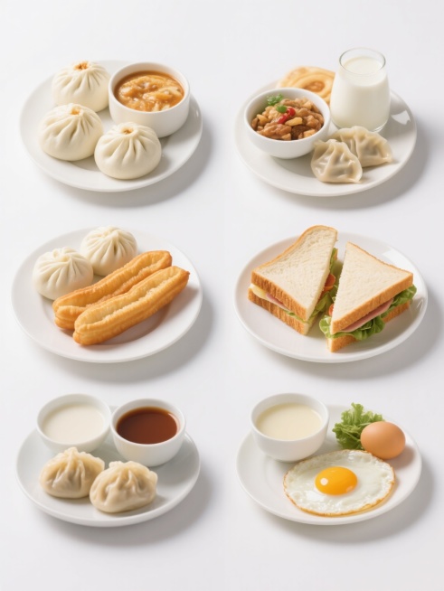 6个不同样式、不同种类、不同搭配的早餐，白色背景，排列整齐，包含中式早餐如包子、饺子、油条、豆浆，西式早餐如三明治、牛奶、煎蛋，每种早餐都有丰富的细节和真实的质感，色彩鲜明，光影自然，构图清晰，适合作为早餐宣传素材。预览效果