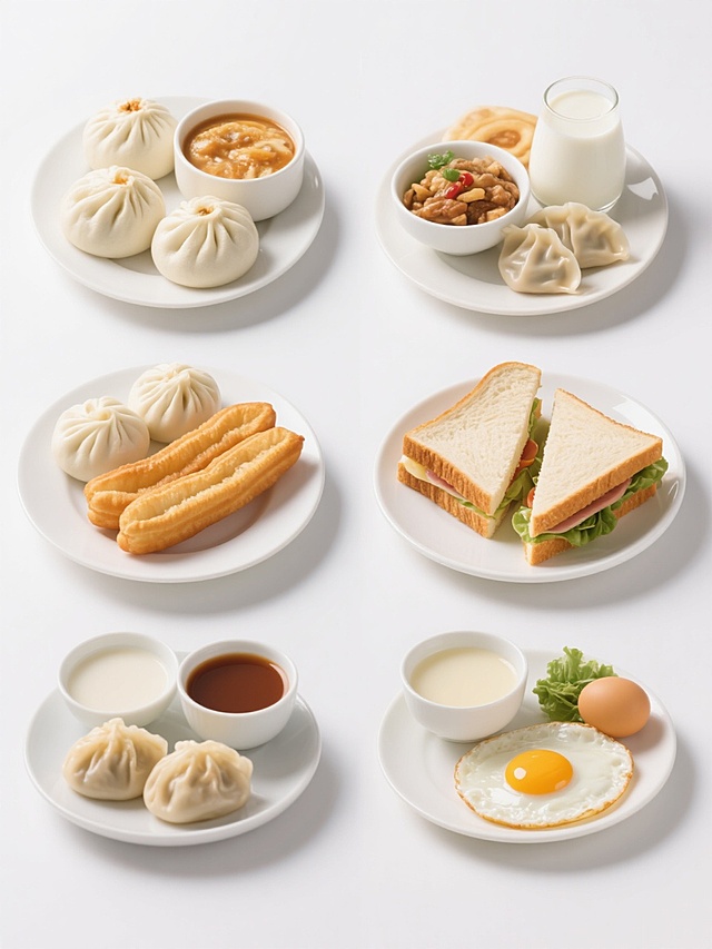 6个不同样式、不同种类、不同搭配的早餐，白色背景，排列整齐，包含中式早餐如包子、饺子、油条、豆浆，西式早餐如三明治、牛奶、煎蛋，每种早餐都有丰富的细节和真实的质感，色彩鲜明，光影自然，构图清晰，适合作为早餐宣传素材。