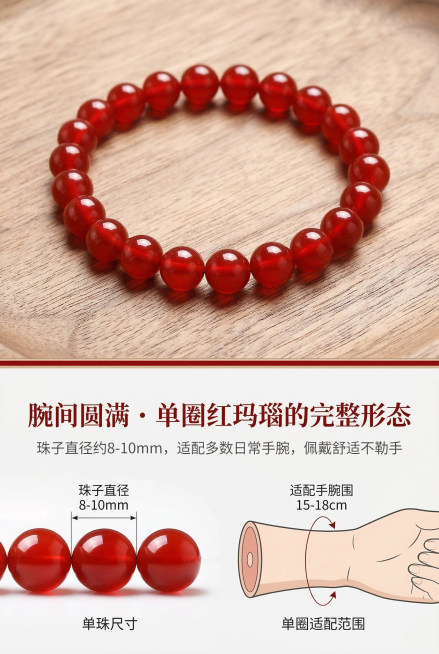 电商详情页产品全景+尺寸可视化展示海报，严格还原上传的红玛瑙圆珠手链所有细节，产品比例协调无突兀。完整展示红玛瑙圆珠手链，单圈串珠，珠子直径约8-10mm，天然红玛瑙材质，色泽红润通透，珠体圆润，手工预览效果