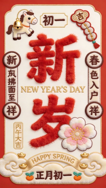 马年大年初一毛茸茸国潮红包设计

材质与色调：采用喜庆朱红短绒为基底，主视觉元素使用蓬松长绒材质塑造立体感，点缀浅金植绒与乳白毛绒细节，整体呈现新年开端的明亮柔和质感。

核心视觉元素：

中央以朱红预览效果