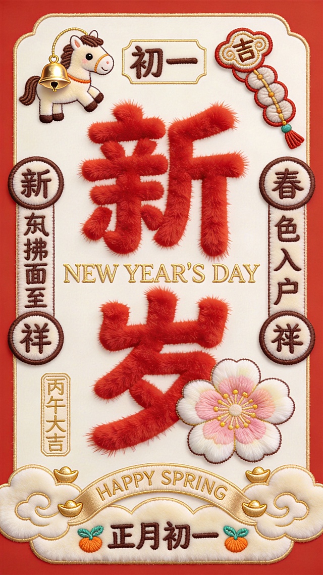 国潮风刺绣质感海报，毛发生长字体“新岁”突出喜庆感，融合卡通小马与传统元素，大字风设计搭配春日花卉，传递正月初一祥瑞氛围。