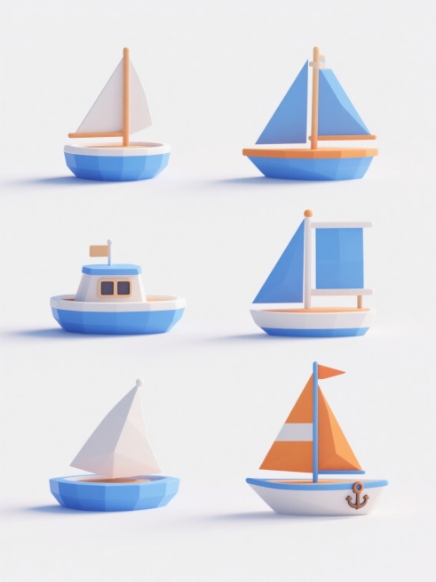 纯白背景上，六个造型完全不同的3D立体帆船模型系列素材集合，采用规整的网格排布方式。每个帆船均保持3D建模的光滑曲面质感，主色调为蓝色、白色与橙色的和谐搭配，具有统一的低多边形风格和柔和的光影效果。帆船造型设计多样：有的是单桅小帆船，船身圆润；有的是双桅帆船，船帆呈三角与方形组合；有的是带有船舱的复古帆船；有的是现代简约风格的无篷帆船；有的是船头尖锐的竞速帆船；有的是带有小旗子和船锚装饰的卡通……预览效果