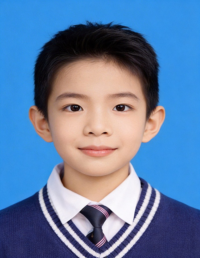 保留第一张图中人物发型,脸型,年龄特征生成标准样式纯正面儿童证件照;人物主体严格居中,头部大小与位置严格对齐第二张图,双肩水平平衡,面部中轴线对齐画面中心,正视前方;标准儿童证件照构图,人物绝对居中,头顶上方距离上边缘高度10%,下巴距离画面下边缘高度36%,人物主体占比约72%;肩部平展与画面水平轴平行;头部占比严格对齐第二张图;提亮肤色,消除暗沉,清透裸妆,隐形毛孔,均匀肤色,唇色自然提亮;肤色白皙细腻,原生轻透肤质;眼神澄澈,看向镜头,气质自信,嘴角微微上扬表情自然;耳廓可见度一致;肩部平展,肩线与画面水平轴平行;头肩比例协调呈现;免冠,不戴帽子,无头饰,无发带,不戴眼镜,保留面部痣,去除包包,去除背带/肩带,去除胸前装饰;柔和正面顺光均匀柔光,面部明亮无硬影,背景均匀提亮,画质清晰,零噪点降噪;面部清晰;背景亮度均匀统一;高清锐利画质,细节清晰可见;零噪点处理;色彩还原自然,均匀柔和布光,无明显阴影,面部光影干净,柔光正面打光,自然光影过渡,皮肤质感细腻,哑光质感;标准焦段50mm,纯正面,入境范围头部至胸部以上区域,F/4光圈(兼容F/2.8-F/4区间),平视视角(镜头与人物视线完全齐平),正视视图;人物绝对居中(居中构图),位于画面中心;严格限定标准证件照规格;视线水平(瞳孔连线与画面水平线平行);双耳对称露出,双肩水平且平衡,头部占比严格对齐垫图,禁止大头照(画面铺满画布,无边框留白);专业证件照质感,高清人像质感,细腻皮肤纹理,严格按照第一张图内容生成,分辨率4K,身着藏青色V领针织毛衣,带有白色条纹镶边,内搭白色翻领衬衫,搭配深色带粉条纹领带;极简纯色蓝色背景,背景亮度均匀且统一(哑光质感);禁止裁切头顶, 禁止额头被截, 禁止超大头, 禁止主体溢出画面, 禁止偏头/倾斜;头顶上边距8-10%, 头部高度60-68%, 双眼高度56-58%, 严格对齐第二张垫图;画面比例5:7