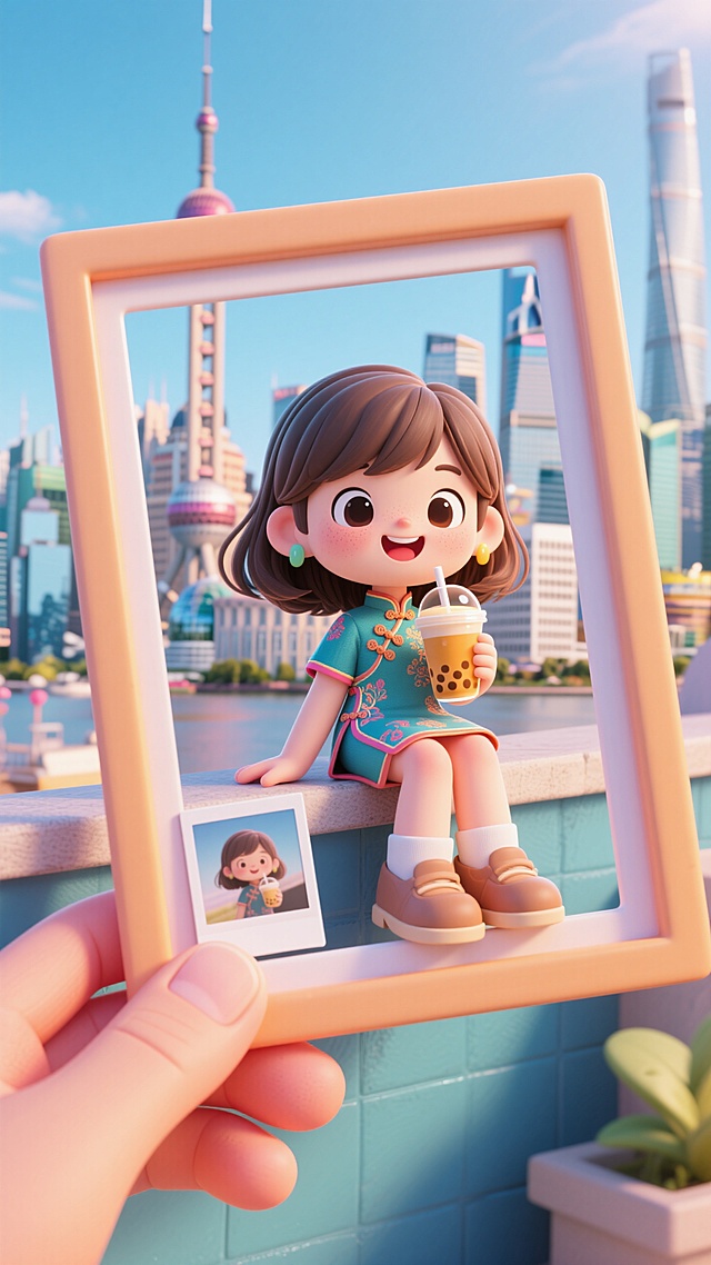 一个时尚可爱的3D角色，角色中长发，面容可爱、服饰有旅行目的地当地特色，手里拿着一杯奶茶。角色俏皮地坐在一个宝丽来风格的相框内侧边缘，腿轻松地垂在相框外，表情放松和快乐。背景呈现上海都市风光，照片被一只手捏着左下角边缘