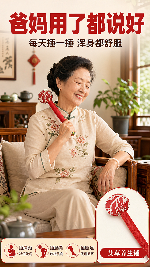 [第5张] 中老年人使用场景页-居家捶背捶肩。本张使用【图1】中的红色艾草锤作为产品主体。
[氛围/风格] 温馨居家风，国潮养生，真实场景，商业摄影质感。
[元素布局] 画面展示一位慈祥的中老年女性坐在中式风格的客厅沙发上，手持红色艾草养生锤正在捶打肩膀，表情放松愉悦。老人身穿中式服装，背景有中式家具、茶具、绿植等元素，营造温馨居家氛围。红色艾草锤清晰可见，保持产品外观与输入图一致。画面右下角有艾草锤的产品小图特写。
[光影质感] 窗边自然光为主光，暖色调柔和光线，人物面部光线自然，整体温馨舒适。
[配色色系] 全局底色 暖木色+米白；主色朱砂红+艾草绿；辅助色暖木棕+米白。
[视角构图] 中景平视，人物居中偏左，产品在手中清晰可见，阅读动线顶部标题 → 人物场景 → 底部卖点。
[文字版式] 顶部居中超大粗黑主标题「爸妈用了都说好」，红色粗黑体；副标题「每天捶一捶 浑身都舒服」，深棕色黑体。底部三格卖点：左格「捶肩颈」，中格「捶腰背」，右格「捶腿足」。右下角产品小图旁标注「艾草养生锤」。
[比例分辨率] 9:16 竖版比例，4K 分辨率，文字清晰可辨。
[负向提示词] 变形，水印，文字错乱，产品模糊，背景杂乱，面部扭曲，多余手指。