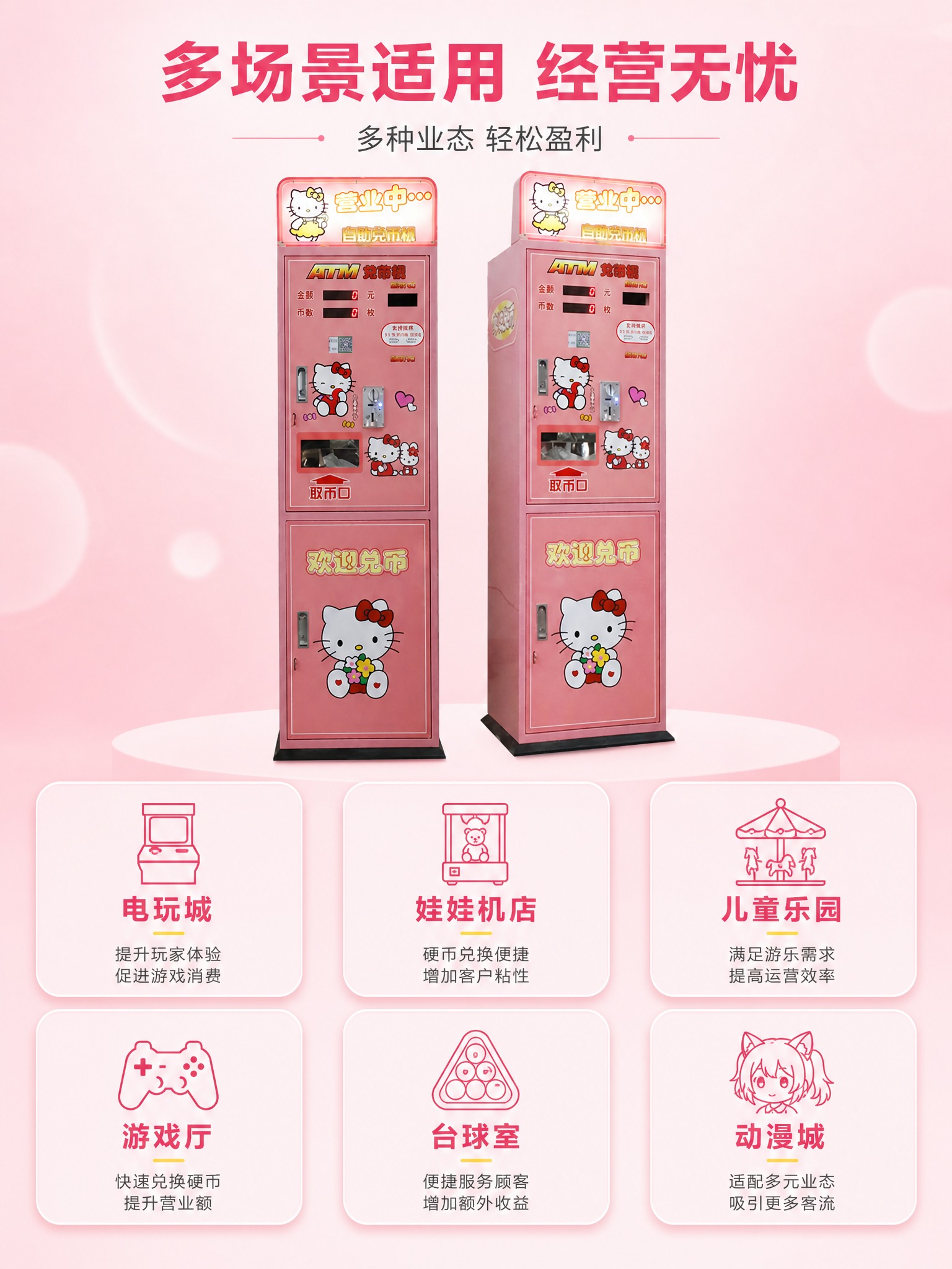 [详情-5] 多场景应用信息图，以图标卡片形式展示兑币机适用场… - 图片创意预览