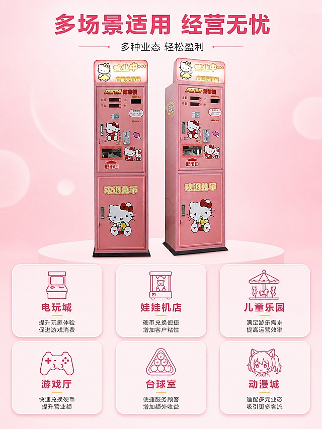 [详情-5] 多场景应用信息图，以图标卡片形式展示兑币机适用场景，淡粉色背景。
[视觉] 套系策略：风格=淡柔商业摄影风；标题字=现代无衬线粗黑体；正文字=简洁无衬线体；主色=樱花粉；背景延展=基于淡粉色做深浅层级渐变和柔化光晕质感；强调色=白色和浅金，仅用于小面积图标、引线和标签；标题色=深粉色；正文色=中灰色；组件=圆角浅底信息卡、细线引线；光影=左前侧柔光，整体明亮通透。
[商品] 使用【图1】粉色Hello Kitty兑币机，放在页面中心偏上位置，保留产品外观所有细节。
[画面] 页面目标：展示产品适用的多种经营场景。构图：上下结构，上方产品图+标题，下方三行场景卡片。产品居中占画面30%，下方6个圆角浅粉色卡片分两排三列排列，每个卡片代表一个场景：电玩城、娃娃机店、儿童乐园、游戏厅、台球室、动漫城。每个卡片内有场景线描图标+场景名称+简短收益说明。背景为极淡粉色渐变。
[文字] 顶部主标题「多场景适用 经营无忧」，副标题「多种业态 轻松盈利」，每张卡片内场景名称为粗体，说明文字为小号细体。
[规格] 图片比例3:4竖版，4K，卡片排版整齐，文字清晰可读，产品图清晰，背景淡，无水印无错字，不出现真人面部。