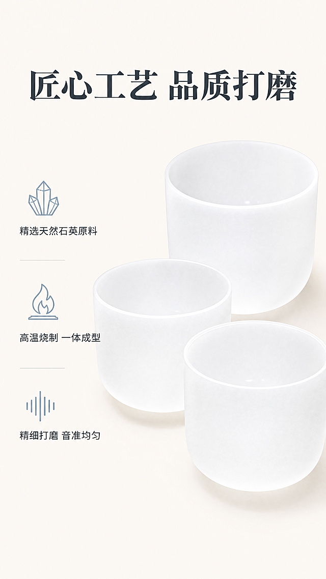 [第5屏] 工艺解析页-水晶颂钵制作工艺展示。本屏使用【图1】产品整体参考，保持产品外观结构一致。
[氛围/风格] 质感简约风，展示工艺匠心，干净专业，商业排版清晰。
[元素布局] 产品放在画面中上偏右位置，占据约60%画面；左侧分三个信息点展示工艺优势，每个工艺点配小图标和简短说明，背景干净浅纯色。
[光影质感] 均匀专业摄影布光，产品光影层次分明，真实呈现质感。
[配色色系] 全局底色：#F8F5F2（浅暖白）；主体配色：#FFFFFF（水晶白）+ #37474F（深灰文字）；辅助色：#90A4AE（浅蓝图标）。
[视角构图] 正面平视，左右分栏，信息左文右图，符合阅读习惯。
[文字版式] 顶部主标题“匠心工艺 品质打磨”，加粗深灰色；三个工艺点依次为："精选天然石英原料"，"高温烧制 一体成型"，"精细打磨 音准均匀"，每个点配小图标，左对齐排版，文字清晰适合移动端阅读。
[比例分辨率] 9:16 竖版比例，4K分辨率，文字清晰可辨，超高清。
[负向提示词] 产品变形，结构错误，颜色偏差，文字错乱，水印，背景杂乱