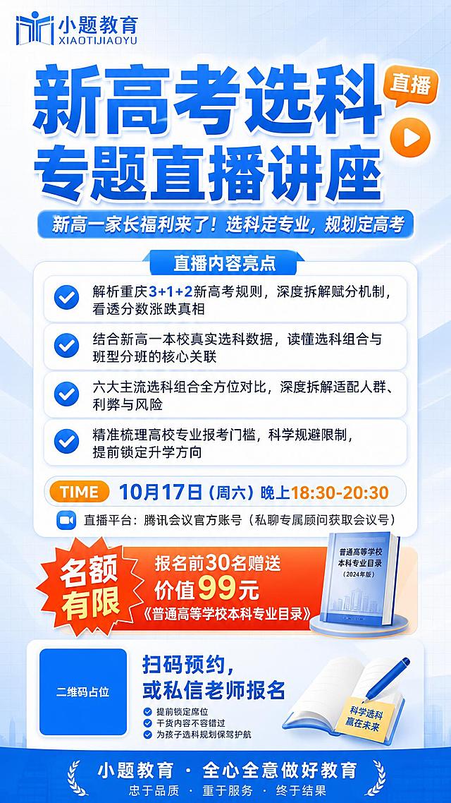 教育行业讲座招生海报，手机端竖版9:16，清爽浅蓝专业风格。

画面顶部左上角放置小题教育logo（图1），顶部主标题区用超大粗体字写"新高考选科专题直播讲座"，副标题写"新高一家长福利来了！选科定专业，规划定高考"，配橙色"直播"标签和播放按钮图标。

中部为四大直播内容模块，用白色圆角信息卡片承载，每个要点前配蓝色对勾图标：
1. "解析重庆3+1+2新高考规则，深度拆解赋分机制，看透分数涨跌真相"
2. "结合新高一本校真实选科数据，读懂选科组合与班型分班的核心关联"
3. "六大主流选科组合全方位对比，深度拆解适配人群、利弊与风险"
4. "精准梳理高校专业报考门槛，科学规避限制，提前锁定升学方向"

中下部放置直播时间信息，用橙色TIME椭圆形标签突出："10月17日（周六）晚上18:30-20:30"，下方小字写"直播平台：腾讯会议官方账号（私聊专属顾问获取会议号）"。

福利区用橙红色渐变爆炸贴样式突出："名额有限，报名前30名赠送价值99元《普通高等学校本科专业目录》"，旁边放小型书本缩略图示意。

底部为报名引导区，左侧放二维码占位符（纯色方块+中央"二维码占位"文字），右侧写"扫码预约，或私信老师报名"。

最底部品牌slogan栏："小题教育 · 全心全意做好教育"，下方小字"忠于品质 · 重于服务 · 终于结果"。

配色：主色天蓝#3B82F6，辅助白色，点缀橙色#F59E0B，背景为浅蓝到白色渐变+细网格底纹，整体专业可信、清爽明快，版式精美。

画面中所有二维码区域使用纯色方块占位符呈现，方块中央标注"二维码占位"文字，严禁生成任何可识别的二维码图案。
画面中所有信息区域、套餐卡片、价格表格、权益列表、对比模块、福利条目、课程大纲、议程、嘉宾介绍区等必须填充完整合理的内容，不得出现空白框、空白占位、横线待填写区域、空列表项、空单元格；用户未提供具体内容时，基于海报主题和场景合理补全典型内容，确保是完整可用的成品海报而非待填写模板。
画面中所有数字必须精确渲染，不得错位、遗漏或编造。