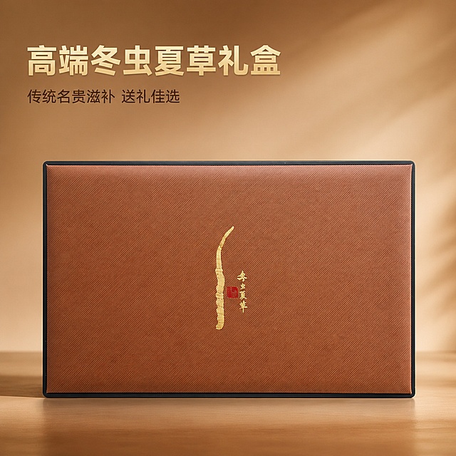 [主图-1] 冬虫夏草高端礼盒首图展示
[氛围风格] 国风轻奢高端滋补氛围
[画质] 商业摄影质感、光线柔和通透、产品清晰真实、画面干净高级
[元素] 冬虫夏草礼盒居中展示，盒身保持棕褐色斜纹特种皮质面料、黑色包边、正面烫金虫草线条图案+竖排冬虫夏草小字+红色篆刻印章的原有设计，保持产品外观物理结构材质颜色与输入图片绝对一致，杜绝任何变形和色差，精细化处理。商品主体占比严格控制在70%左右，画面满屏无边框。背景采用浅棕渐变的简约高级背景，突出产品质感。
[光影] 主光从左前方打亮，呈现皮质纹理质感，辅光从右后方补光勾勒轮廓，高光清晰不溢出，暗部有层次，整体光线均匀通透
[配色] 主色调为棕褐色，搭配烫金、红色点缀，高级简约
[视角构图] 水平平视视角，产品完整居中，景深适中，轮廓完整不裁切
[文字版式] 左上角负空间左对齐，大字主文案写"高端冬虫夏草礼盒"，烫金色粗体无衬线，下方辅助文案写"传统名贵滋补 送礼佳选"，小号深棕色字，保持文字清晰不遮挡产品
[输出要求] 1:1比例，文字清晰锐利，超高清商业摄影质感
[负向提示词] 变形，文字错乱，产品图模糊，背景杂乱，水印，电商平台Logo，绝对化违禁词，医疗功效宣传