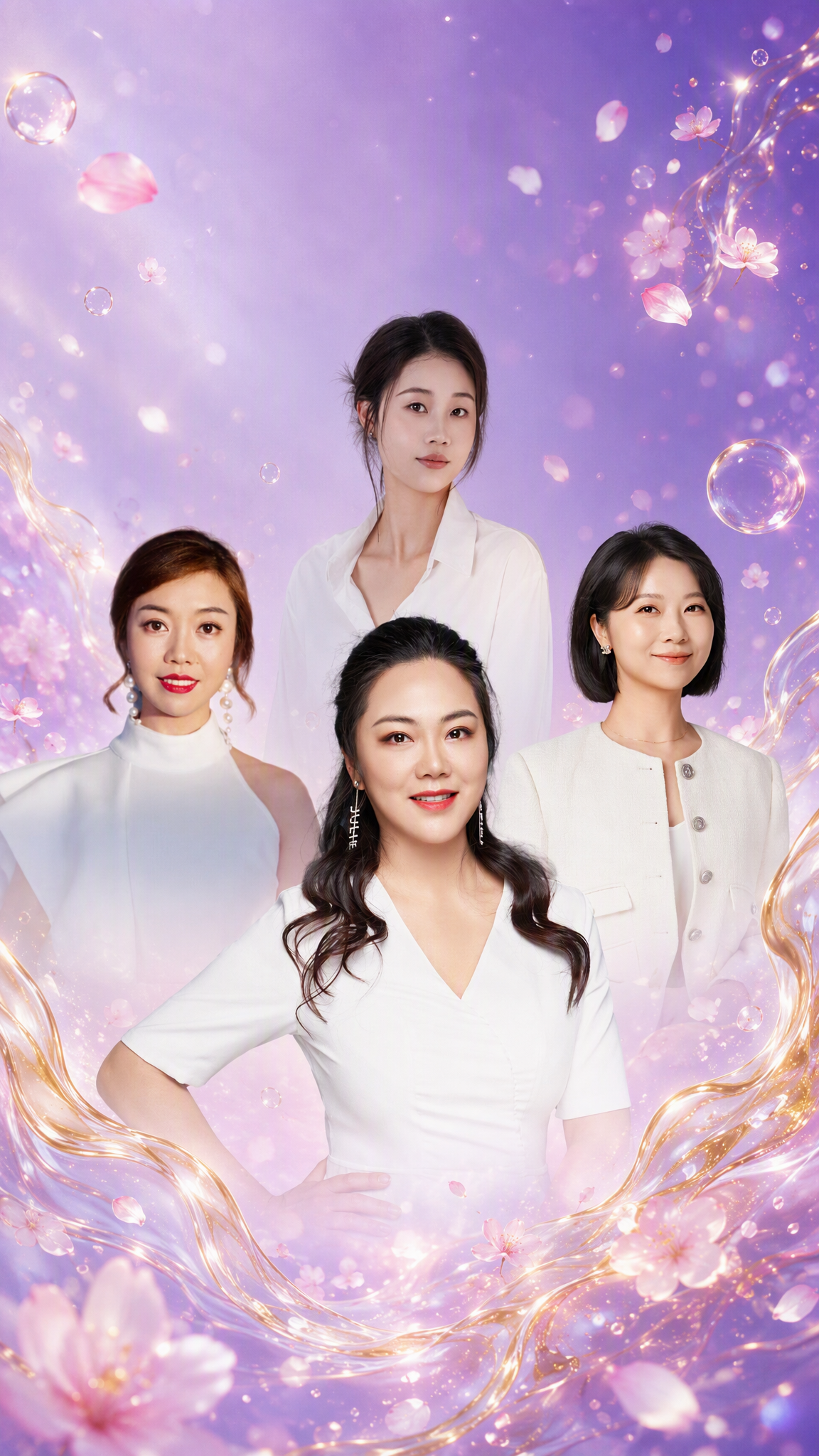 将第二张图（四位白衣女性人物组合）的纯白色背景替换为第一张图的… - 图片创意预览
