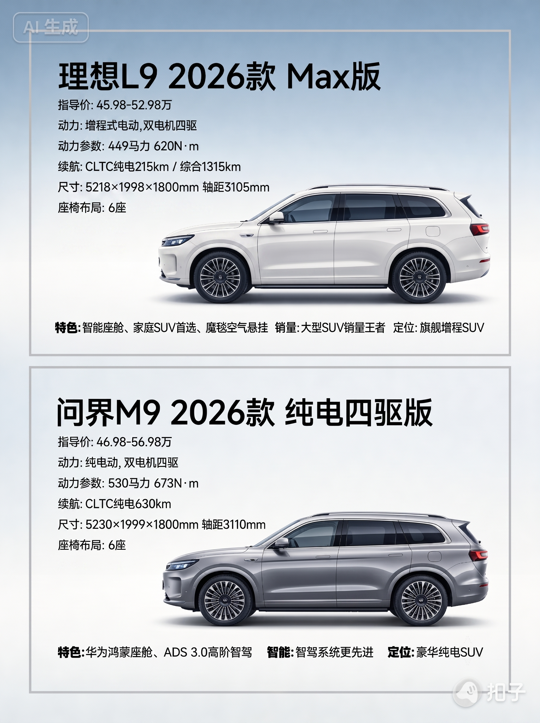 1:1复刻参考图版式，生成理想L9 2026款和问界M9 20… - 图片创意预览