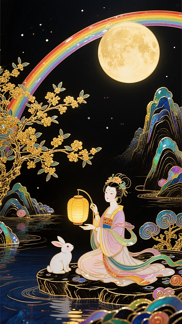 中国传统风格，中秋节，嫦娥身着飘逸汉服与玉兔坐在湖边，手持金色灯笼，空中悬挂巨大满月，山峦上有彩虹光晕，发光的金色桂花树，夜晚背景，融合漆画与螺钿质感，黑金色调带有彩虹高光