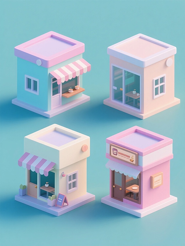 4个等大的3D低多边形风格店铺模型，以2x2网格形式规整排布在纯色背景上。每个店铺保持简约现代的造型，拥有光滑圆润的边缘和明快饱和的马卡龙色系配色。店铺形态各异，分别呈现不同类型商铺特征（如带有条纹遮阳篷的小店、玻璃幕墙的精品店、开放式门面的咖啡馆、带有特色招牌的餐厅等），均具有简洁的几何体块结构、明亮的窗户和小巧的门前装饰元素。整体画面干净利落，无任何文字、logo或水印，光影柔和，具有轻微的立体感和卡通化的可爱质感，色彩搭配和谐统一。