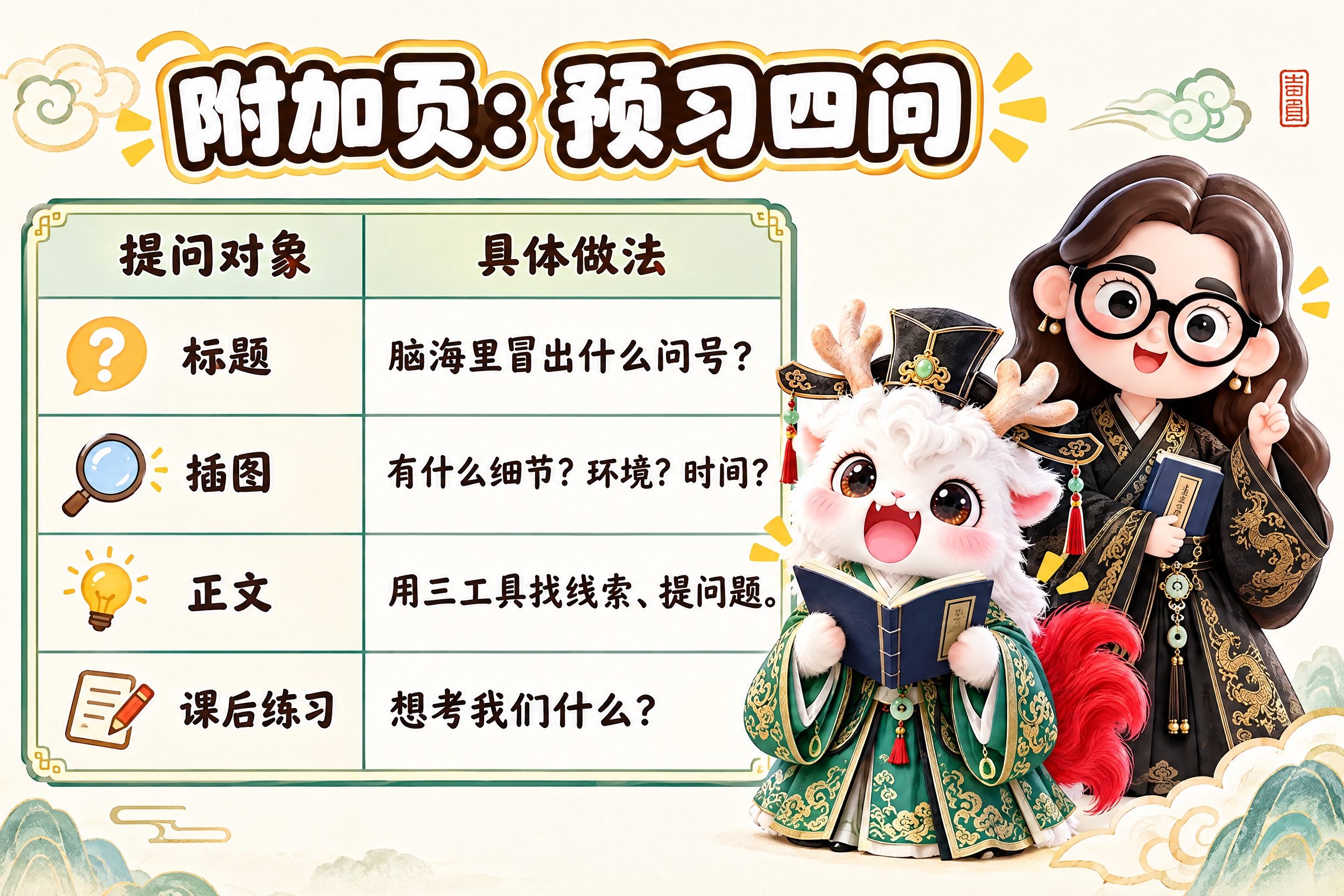 横版6寸比例的知识卡片设计，标题为"附加页：预习四问"，内容为… - 图片创意预览