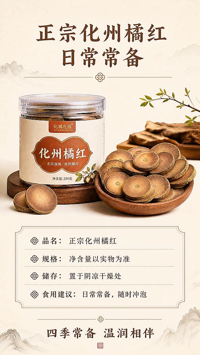 [第8屏] 产品规格与收尾-化州橘红规格介绍与收尾转化。本屏使用【图1】作为商品主体。
[氛围/风格] 高端新中式风格，完整收尾，沉稳大气。
[元素布局] 画面上方展示完整包装化州橘红产品和开盖切片展示，下方列出产品规格信息，底部用一句温馨文案收尾。整体呈现产品完整包装和规格参数，信息清晰完整。保持橘红切片外观与输入产品图一致。
[光影质感] 均匀柔和主光，整体明亮清晰，产品和文字都清楚呈现。
[配色色系] 全局底色：#F7F1E3（浅米宣纸色）；主体配色：#8B5A2B（橘红棕褐）+#5A3E2B（深棕）；辅助色：#5C4033（文字深棕）。
[视角构图] 上产品下规格，中心对齐，结构工整稳重，留白合理。
[文字版式] 顶部主标题「正宗化州橘红 日常常备」，中部规格信息分条，底部收尾文案「四季常备 温润相伴」，字色使用深棕色，沿用首屏字体风格，统一纯色填充字效，文字清晰排版整齐。
[比例分辨率] 9:16 竖版比例，4K分辨率，文字清晰可辨，超高清。
[负向提示词] 产品变形，文字错乱，信息不全，颜色偏差。