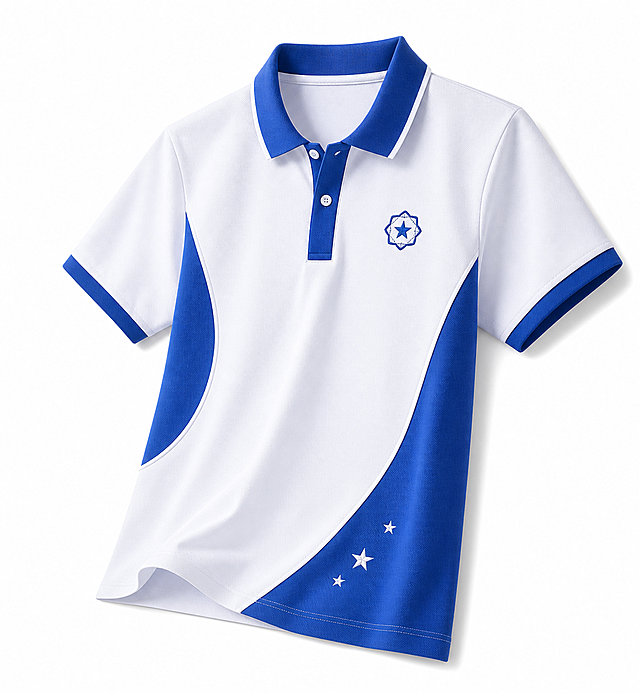 参考图中的蓝白拼色polo校服，生成类似款式的校服，不要一模一样，形状细节可以变化，提高画面清晰度，保留蓝白主配色和翻领设计，加入小装饰图案
