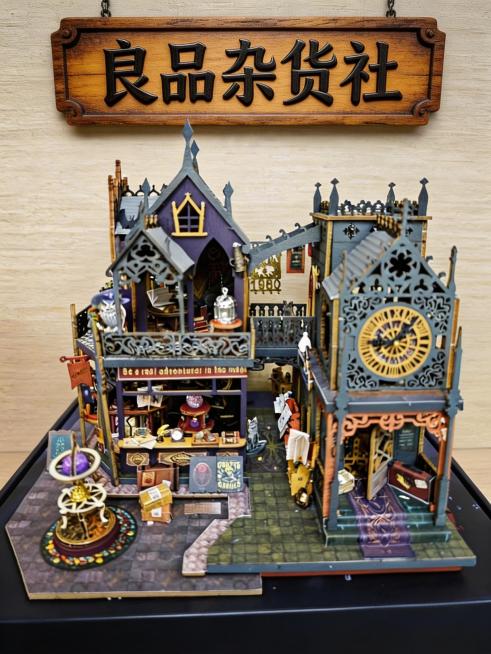 淘宝详情图风格，展示魔法风格DIY小屋的各个细节部分，包括内部摆件、雕花结构、灯具等，风格平实，清晰呈现产品细节，添加店铺名称“良品杂货社”预览效果