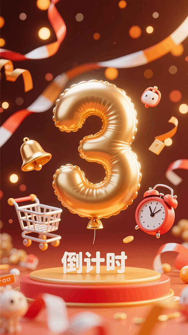 巨大的金色数字“3”的气球，下方小标题“倒计时”，购物车，铃铛，闹钟悬浮在周围，暖色调，促销氛围