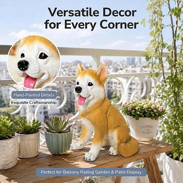 去掉画面右侧的三个圆形图标及其对应的文字（Weather Resistant、Durable Resin Material、UV Fade Resistant），将这些元素完全移除。移除后用右侧原有的阳台背景（白色铁艺围栏、绿色植物、城市远景、蓝天）自然填充该区域，保持背景的完整性和连贯性，看不出修补痕迹。其他所有元素完全保持不变：顶部标题"Versatile Decor for Every Corner"、左侧圆形放大图及下方的"Hand-Painted Details"和"Exquisite Craftsmanship"文字、柴犬摆件主体、多肉植物盆栽、木质花架、底部的"Perfect for Balcony Railing Garden & Patio Display"文字条，全部保留原样。整体画面风格、光影、色调与原图完全一致。