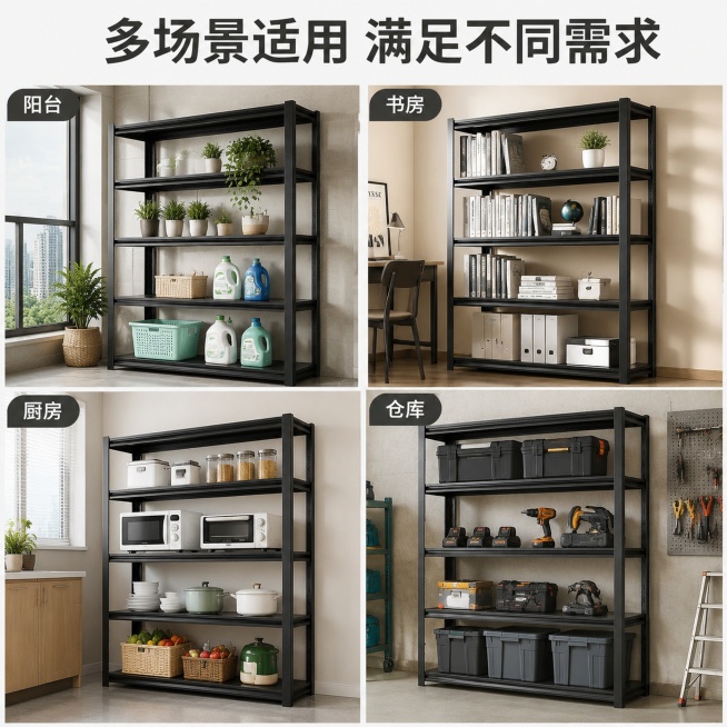 [主图-4] 黑色置物货架多场景适用展示主图
[氛围风格] 生活化展示，突出多空间适配性，真实亲切
[画质] 高清商业摄影，光影自然，画面干净整洁
[元素] 采用四宫格布局，分别展示货架放置在阳台、书预览效果