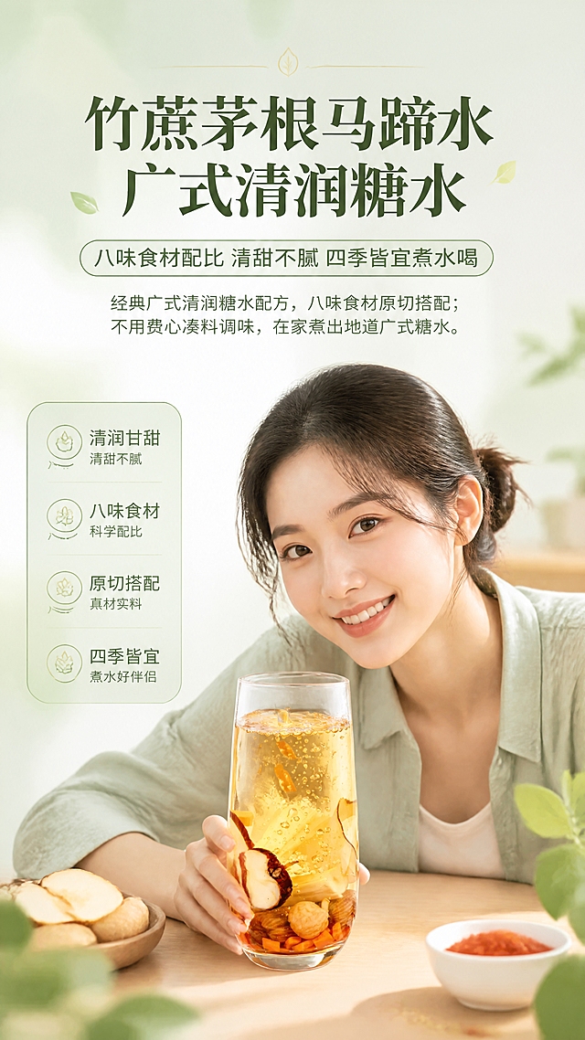 [商品] 使用【图1】玻璃杯装竹蔗茅根马蹄水成品；保留杯中食材形态（雪梨片、竹蔗、马蹄、无花果、胡萝卜丁）、茶汤浅琥珀色、通透质感、气泡细节；商品处理：增强茶汤通透感和食材色泽饱和度，保持玻璃杯质感。
[画面] 目标：首屏KV食欲氛围+美女互动场景；构图：上半部分文字区，下半部分主体；主体位置：画面中下部，一位清新气质亚洲美女（25-30岁，居家休闲装扮）右手轻扶玻璃杯，微笑看向镜头，玻璃杯位于画面视觉中心；主体占比：产品+人物占画面70%；景别：中近景；阅读动线：从上到下；前中后景：前景桌面绿植点缀，中景美女与玻璃杯，后景浅绿色渐变背景带柔和光斑；场景：清新居家餐桌场景，自然柔光。
[视觉] 套系策略：风格=清新自然广式糖水商业摄影风；标题字=圆润宋体粗体；正文字=简洁无衬线体；主色=清新薄荷绿；背景延展=基于薄荷绿做深浅渐变、同色系晕染和细腻纸张质感；强调色=暖金色，仅用于小面积图标、引线和标签；标题色=深墨绿；正文色=深灰绿；组件=圆角浅绿信息卡、细线引线、叶子装饰元素；光影=左前侧柔和自然光，通透明亮。
[文字] 顶部居中主标题「竹蔗茅根马蹄水 广式清润糖水」，副标题「八味食材配比 清甜不腻 四季皆宜煮水喝」，下方两行短文案：经典广式清润糖水配方，八味食材原切搭配；不用费心凑料调味，在家煮出地道广式糖水；文字区不遮挡玻璃杯主体和人物面部。
[规格] 图片比例9:16竖版，4K分辨率，负向提示：避免包装、独立小袋、变形、错字、文字过小、冷蓝色调、人物过度美颜、商品颜色失真、医疗功效宣传。