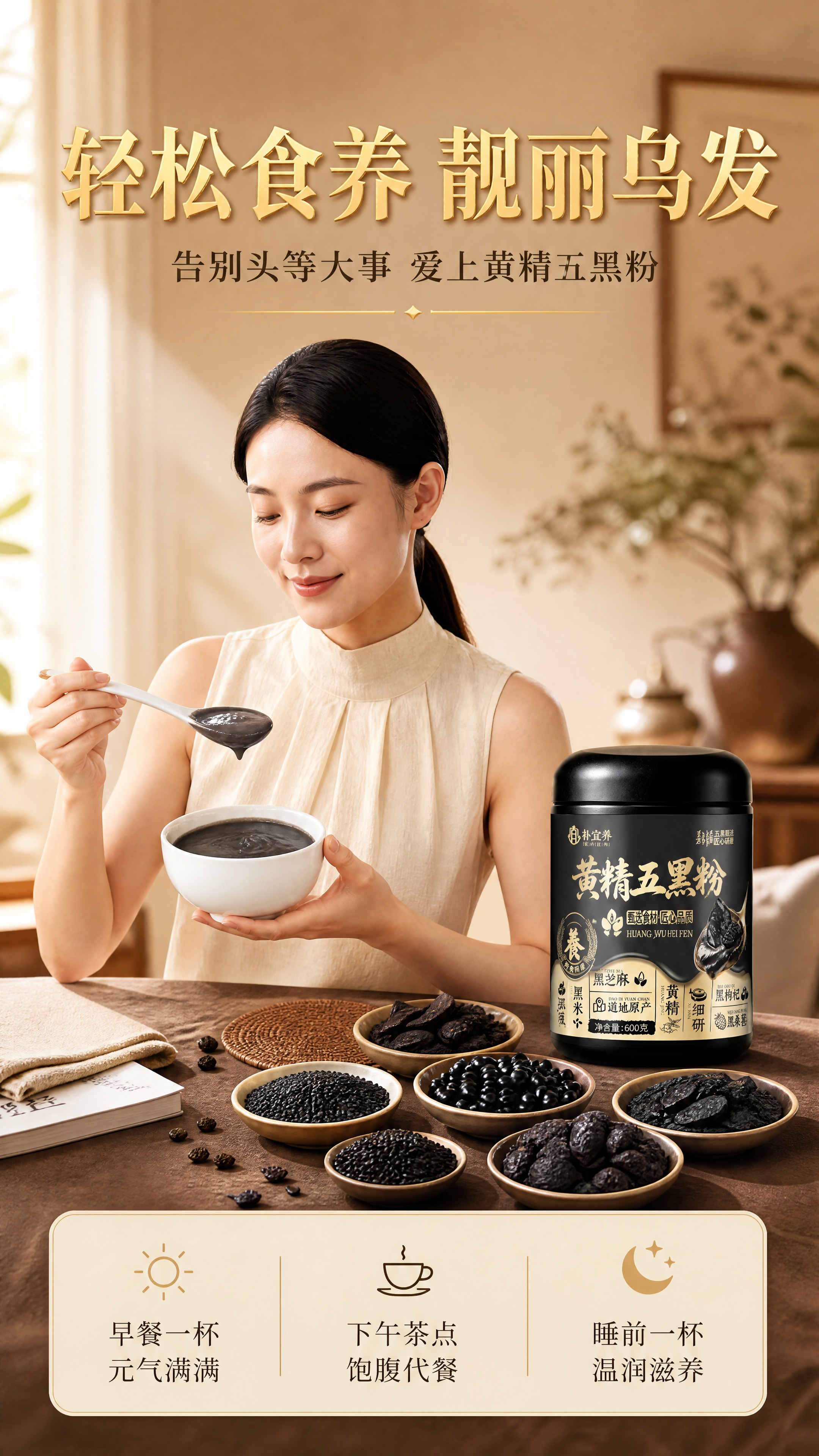 [商品] 使用【图1】黄精五黑粉罐体置于画面右侧桌面；保留罐体… - 图片创意预览