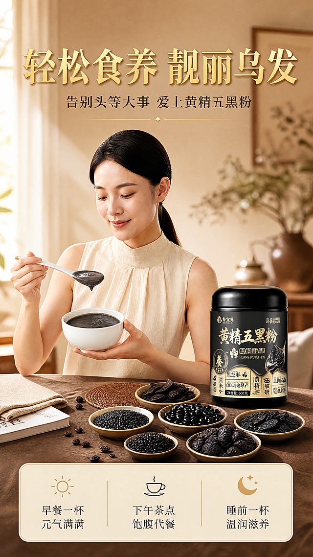 [商品] 使用【图1】黄精五黑粉罐体置于画面右侧桌面；保留罐体外观、颜色、Logo与标签文字完整清晰。
[画面] 目标：生活方式场景种草，展示早餐/下午茶食用场景，营造温馨养生氛围。构图：一位温婉的亚洲女性坐在餐桌前，左手端碗，右手用白勺舀起黑粉糊，低头微笑准备食用；桌上铺棕色桌布，围绕摆放几小碟黑色原料（黑芝麻、黑豆、黄精等）；产品罐立在右侧；背景为暖色调室内环境，虚化处理，有自然光从左侧照入。
[视觉] 套系策略：风格=新中式养生高级商业摄影；标题字=书法宋体+衬线粗体，有烫金质感；正文字=简洁宋体/无衬线体；主色=暖米杏+深棕黑；背景延展=基于暖米杏做深浅渐变、同色系纸张/麻布质感；强调色=烫金色，仅用于标题、图标、分割线；标题色=深棕黑/烫金；正文色=深棕灰；组件=圆角米白底信息卡、金色细线分割、中式印章/麦穗图标；光影=左侧自然暖光，氛围温馨治愈。
[文字] 顶部主标题"轻松食养 靓丽乌发"，副标题"告别头等大事 爱上黄精五黑粉"；右侧或底部配3个场景标签：「早餐一杯 元气满满」「下午茶点 饱腹代餐」「睡前一杯 温润滋养」；文字全部横排。
[规格] 图片比例9:16竖版，4K，负向提示：避免人物变形、错字、文字过小、冷色调、医疗功效暗示。