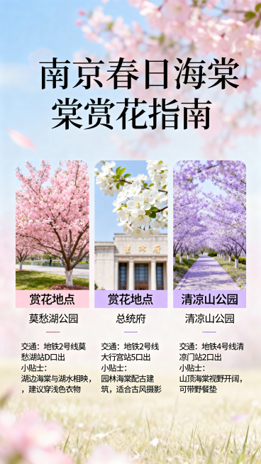南京春季海棠赏花攻略海报，清新浪漫春日风格，展示三个赏花地点：莫愁湖公园、总统府、清凉山公园，包含对应交通信息和赏花小贴士，整体清新雅致，标题写“南京春日海棠赏花指南”预览效果