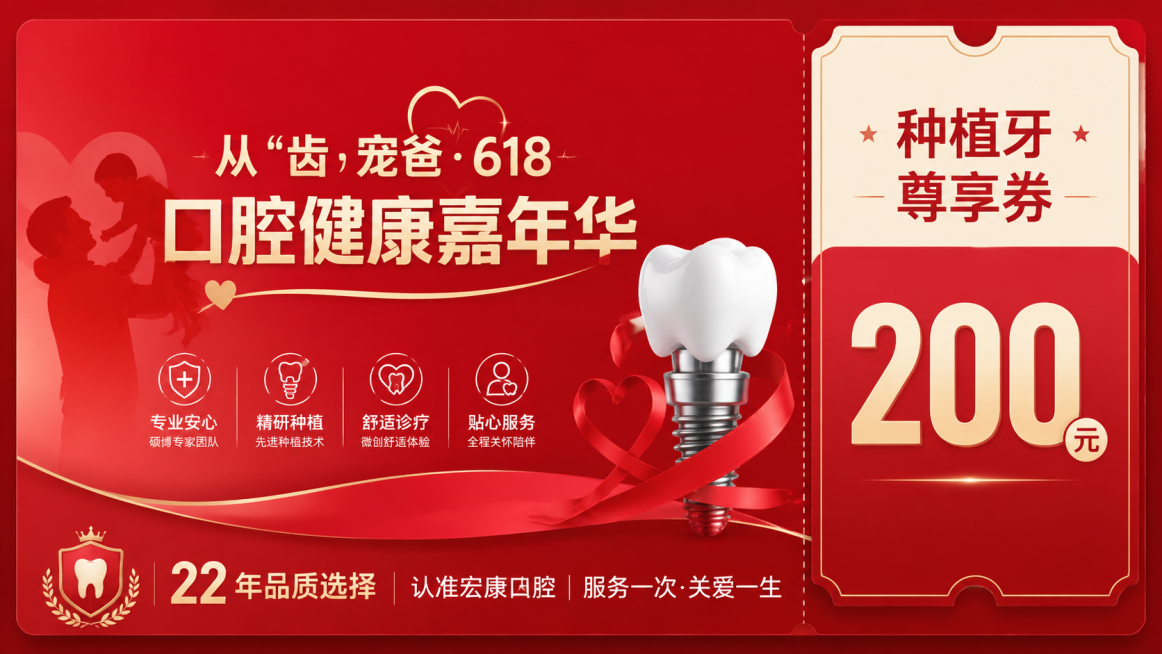 红色系618口腔优惠券正面设计，包含文字："从'齿'宠爸·618口腔健康嘉年华"、"种植牙尊享券200"、"22 年品质选择 认准宏康口腔|服务一次·关爱一生"，整体红色喜庆，设计简约大气符合医疗行业预览效果