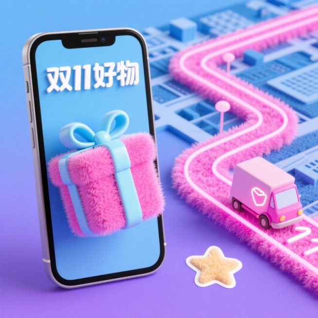 软蓝色和紫色渐变背景，左边是一部逼真的智能手机，屏幕上显示一个打开粉红色的礼盒，上面装饰着一条光滑的浅蓝色大丝带和蝴蝶结，还有中文文字“双11好物”用白色，俏皮的字体。在右边，描绘了一条发光的粉红色霓预览效果