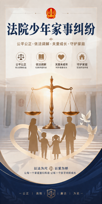 法院少年家事纠纷主题的宣传展架海报，整体风格庄重正式，简洁大方，顶部有醒目的标题文字"法院少年家事纠纷"，画面体现司法公平公正，温暖人文关怀，整体色调庄重大气预览效果