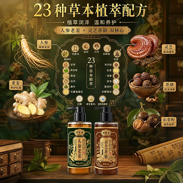 [主图-2] 核心成分解析，23种草本植萃配方可视化，突出人参老姜与灵芝茶麸双核心。
[统一基调] 亮色中式中药国潮风，背景以暖琥珀色、深墨绿、烫金为主色调，融入中式药柜、草本植物、卷轴云纹等中药元素，高级有质感；主标题用宋体风格衬线体烫金色，辅助文案用深褐色细黑体；整体明亮通透，小红书原生高级感。
[画面] 两瓶洗发露位于画面下方，占比约40%；上半部分为成分展示区，左侧悬浮人参、老姜的真实原料特写，配引线标注「人参 强韧发丝」「老姜 养护头皮」；右侧悬浮灵芝、茶麸、山茶籽的真实原料特写，配引线标注「灵芝 盈润蓬松」「茶麸 控油净爽」；中间用金色中式分隔线连接，背景是虚化的草本植物叶片与中式卷轴纹理。
[光影质感] 商业摄影质感，成分原料真实有质感，光影柔和统一，产品与成分自然融合。
[配色] 主色暖琥珀棕+墨绿+烫金，草本绿色自然点缀，成分原料保持真实色彩。
[文字版式] 顶部居中大标题「23种草本植萃配方」，下方小字「植萃润泽 温和养护」；成分标签用金色细线引线+深褐色小字说明，清晰不杂乱。
[输出要求] 1:1正方形，2K高清，产品清晰不变形，成分真实，文字清晰可读；负向：模糊、错字、变形、水印、杂乱、平台Logo。