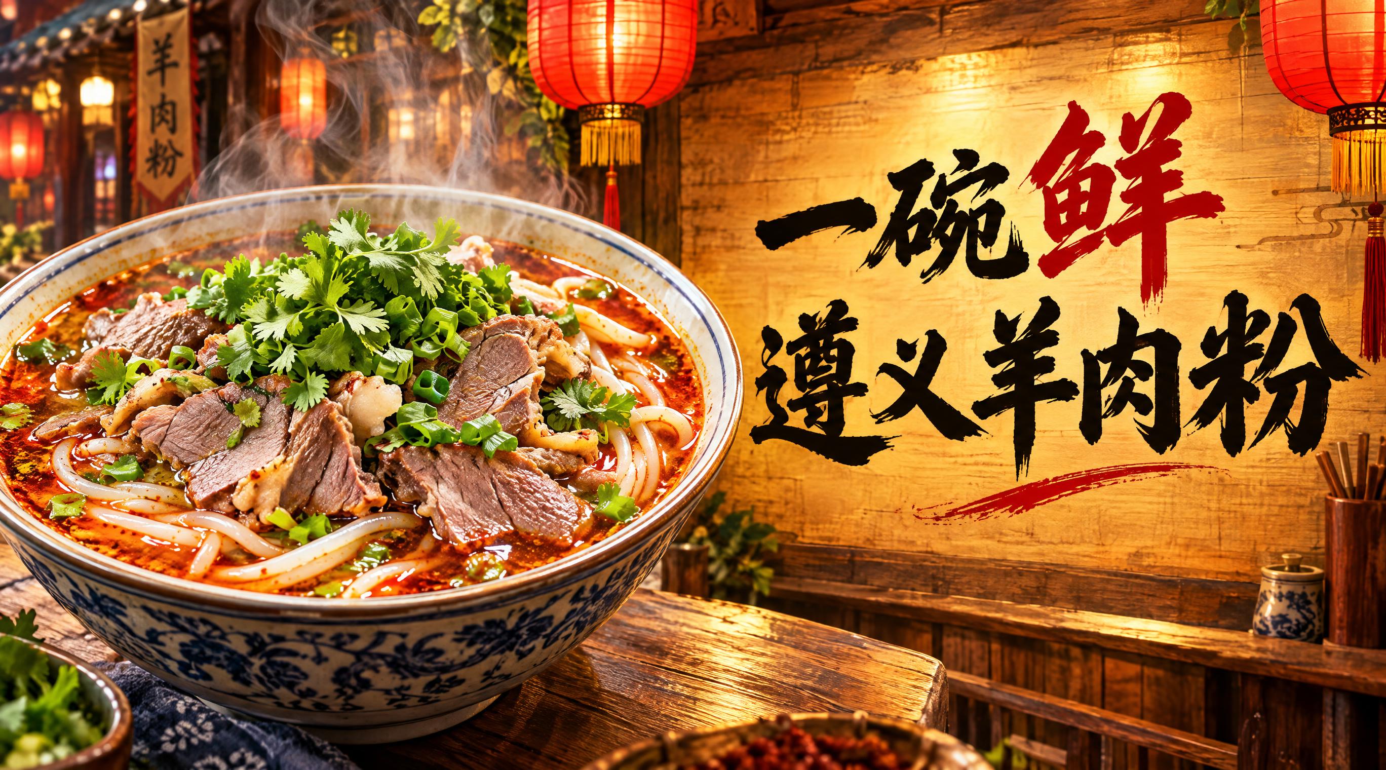 遵义羊肉粉店招横幅，市井烟火气风格，横版构图，左侧是一碗热气腾… - 图片创意预览