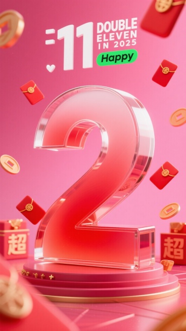 红色渐变磨砂玻璃质感数字 “2”，背景为玫红色。顶部设置白色 “11” 数字与 “DOUBLE ELEVEN IN 2025” 文字，搭配绿色 “Happy” 标识，数字周围装饰红包元素，促销氛围预览效果