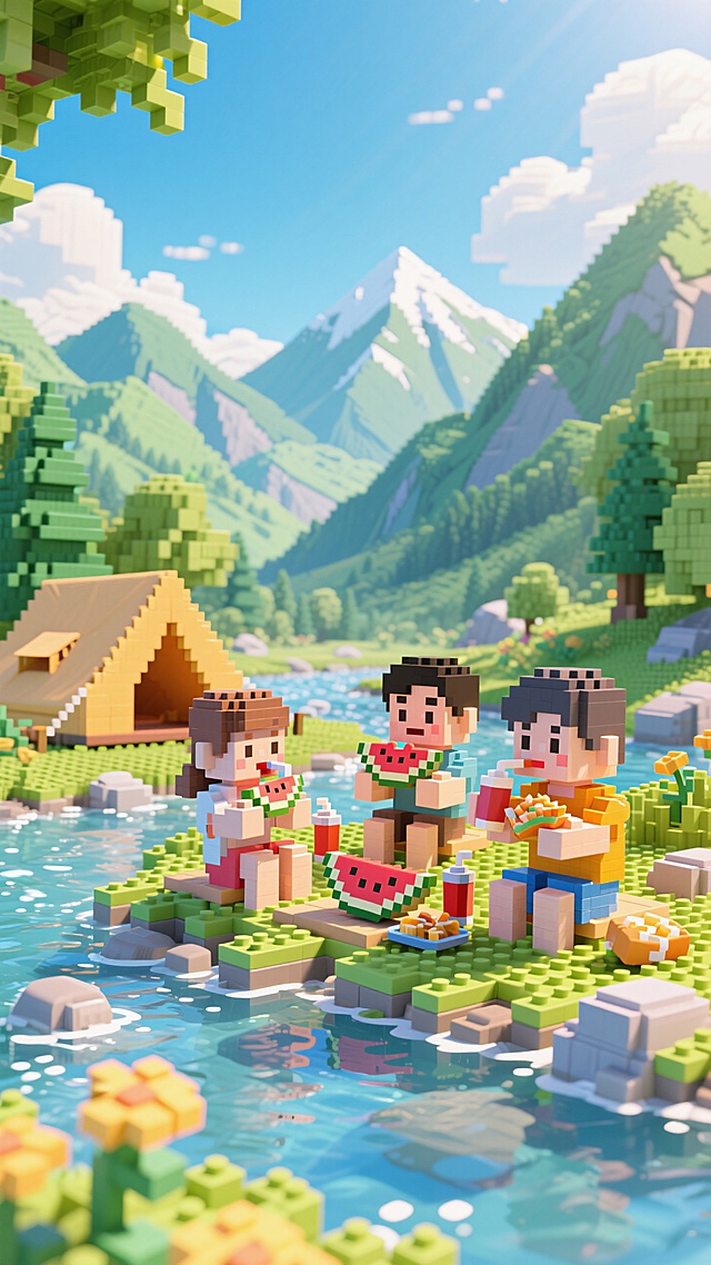 像素风虚拟现实场景，清新卡通人物在山间溪流旁野餐，享受夏日乐趣。