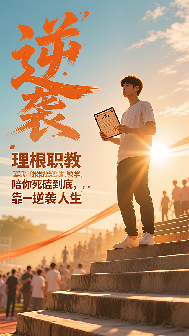 励志风格海报，画面主体是一位年轻人站在台阶高处，手中拿着一本技能证书，阳光从背后洒下，照亮人物轮廓。台阶下方是模糊的起点和人群，上方是明亮的天空呈现出“逆袭”二字的光影。在画面左侧预留出标语文字位置，文字内容为“理根职教专业教学，陪你死磕到底，靠一技之长，逆袭人生”。整体色调为暖橙色和金色，画面充满希望和力量感