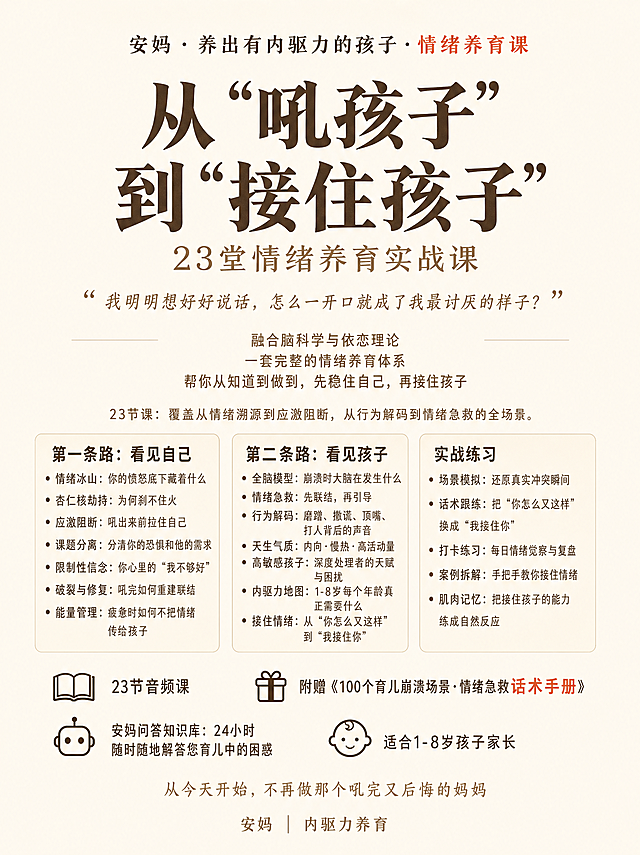 小红书竖版海报，尺寸1242×1660像素。背景暖杏色（#FDF8F0）。主要文字深棕色（#4A3B2C），强调文字砖红色（#C45C3B）。整体风格温暖、留白充足、简洁专业。标题使用有力量感的手写体或衬线体（如思源宋体、站酷快乐体），正文使用清晰的无衬线体（如思源黑体、苹方）。内容从上到下：1. 顶部品牌区居中一行："安妈 · 养出有内驱力的孩子 · 情绪养育课"，其中"情绪养育课"砖红色。2. 主标题（视觉核心）：大字分两行，深棕色加粗，居中。第一行："从‘吼孩子’"，第二行："到‘接住孩子’"，下面稍小字写"23堂情绪养育实战课"，浅棕色。3. 情感金句区：浅棕色斜体，加引号，居中，写"我明明想好好说话，怎么一开口就成了我最讨厌的样子？"。4. 专业介绍语：浅棕色小字，居中，写三行（可加浅色细线分隔）："融合脑科学与依恋理论" "一套完整的情绪养育体系" "帮你从知道到做到，先稳住自己，再接住孩子"。5. 课程覆盖范围：浅棕色小字，居中，写"23节课：覆盖从情绪溯源到应激阻断，从行为解码到情绪急救的全场景。"。6. 三个核心模块，横向三列，每列用浅色圆角框包起来，框内文字左对齐，小字号。左列标题"第一条路：看见自己"（深棕色加粗），下方内容：· 情绪冰山：你的愤怒底下藏着什么 · 杏仁核劫持：为何刹不住火 · 应激阻断：吼出来前拉住自己 · 课题分离：分清你的恐惧和他的需求 · 限制性信念：你心里的"我不够好" · 破裂与修复：吼完如何重建联结 · 能量管理：疲惫时如何不把情绪传给孩子。中列标题"第二条路：看见孩子"（深棕色加粗），下方内容：· 全脑模型：崩溃时大脑在发生什么 · 情绪急救：先联结，再引导 · 行为解码：磨蹭、撒谎、顶嘴、打人背后的声音 · 天生气质：内向·慢热·高活动量 · 高敏感孩子：深度处理者的天赋与困扰 · 内驱力地图：1-8岁每个年龄真正需要什么 · 接住情绪：从"你怎么又这样"到"我接住你"。右列标题"实战练习"（深棕色加粗），下方内容：· 场景模拟：还原真实冲突瞬间 · 话术跟练：把"你怎么又这样"换成"我接住你" · 打卡练习：每日情绪觉察与复盘 · 案例拆解：手把手教你接住情绪 · 肌肉记忆：把接住孩子的能力练成自然反应。7. 课程信息区：居中，用图标+文字横向排列或分两行，带图标📚🎁🤖👶，文字深棕色："23节音频课" "附赠《100个育儿崩溃场景·情绪急救话术手册》"（其中"话术手册"砖红色） "安妈问答知识库：24小时随时随地解答您育儿中的困惑" "适合1-8岁孩子家长"。8. 行动引导：浅棕色小字居中，写"从今天开始，不再做那个吼完又后悔的妈妈"。9. 底部："安妈 ｜ 内驱力养育"浅棕色小字居中。注意：三列模块高度尽量一致，内容较多时可缩小字号或行距。整体不添加花哨装饰，保留大量留白，保持温暖干净的质感。标题字体要有手写/衬线感。
