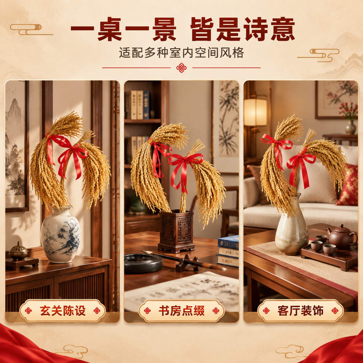[商品] 使用【图5】两束稻穗捆红绳摆件；保留干稻穗金黄颜色、… - 图片创意预览