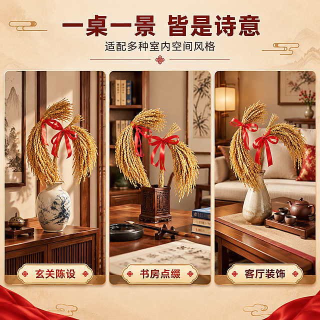 [商品] 使用【图5】两束稻穗捆红绳摆件；保留干稻穗金黄颜色、红绳蝴蝶结造型、自然垂坠形态、金色捆扎线；商品处理：保留原有结构比例，增强稻穗纹理质感，去除背景褶皱。
[画面] 目标为场景种草，展示多空间摆放效果。三格拼图布局，分别展示：左格-玄关柜上摆放搭配陶瓷花瓶，中格-书房书桌搭配文房四宝，右格-客厅茶几搭配茶具；每格产品占比40%-50%，场景真实自然，体现不同空间适配性。
[视觉] 套系策略：风格=新中式喜庆商业摄影风；标题字=阿里巴巴普惠体粗体；正文字=阿里巴巴普惠体常规；主色=暖金+正红；背景延展=暖米色系渐变、浅木质感、同色系深浅层级；强调色=正红色，仅用于小面积图标、引线和重点标签；标题色=深棕红；正文色=暖深灰；组件=圆角浅金信息卡、细红线引线、中式纹样点缀；光影=左前侧暖柔光，右侧柔和补光。
[文字] 顶部主标题「一桌一景 皆是诗意」，副标题「适配多种室内空间风格」，每格下方对应场景标签：「玄关陈设」「书房点缀」「客厅装饰」，文字横向排版，字号保证手机端可读。
[规格] 图片比例1:1，4K分辨率，负向提示：避免变形、错字、文字过小、冷蓝背景、极限词、天然/环保/原生态等违规词、淘宝平台违禁词、水印、二维码。