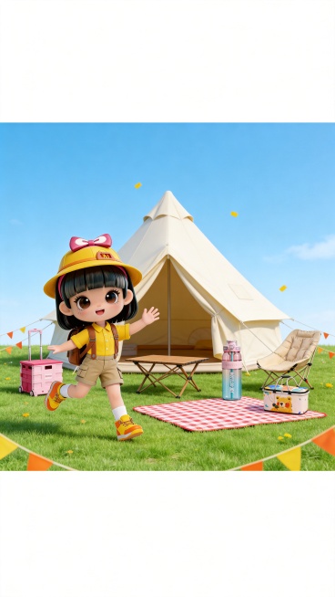 3D卡通渲染风格，平视视角，正面，春日露营主题场景，画面中心是一片绿意盎然的草地，中央搭建了奶油色天幕帐篷，帐篷周围布置有露营折叠桌、折叠小推车、吨吨水壶、折叠椅、野餐篮，野餐垫铺在草地上等春游元素。预览效果